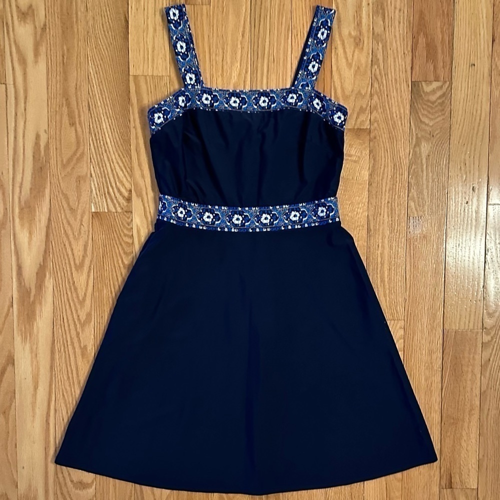 Jude Connally Nylon Spandex Dress Blue Mosaic Pattern Trim Navy White Sz S